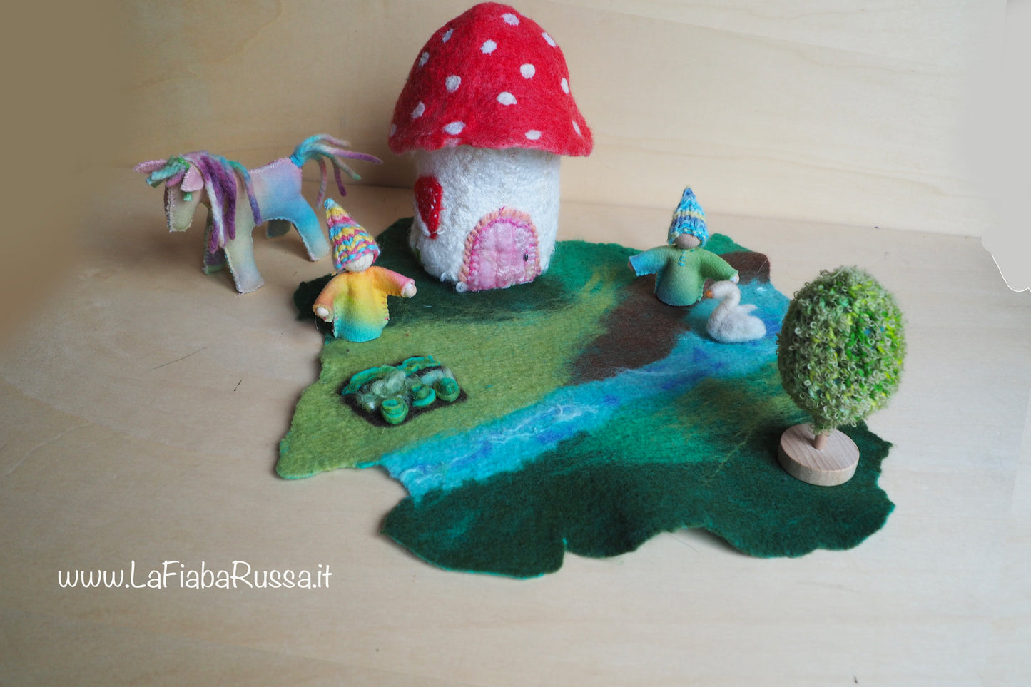Felted fabulous fairy Gnome House amanita, waldorf Inspired spring Home Decor lamp shade - red felt doll decorating a child's room