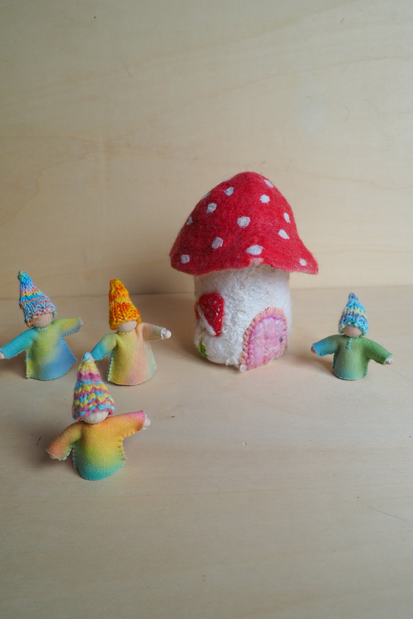 Felted fabulous fairy Gnome House amanita, waldorf Inspired spring Home Decor lamp shade - red felt doll decorating a child's room