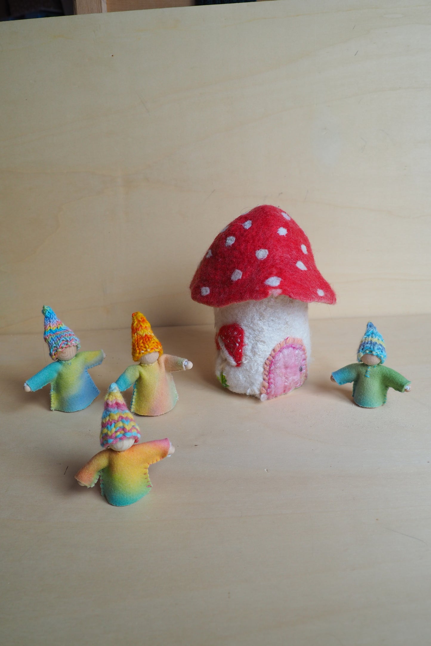 Felted fabulous fairy Gnome House amanita, waldorf Inspired spring Home Decor lamp shade - red felt doll decorating a child's room
