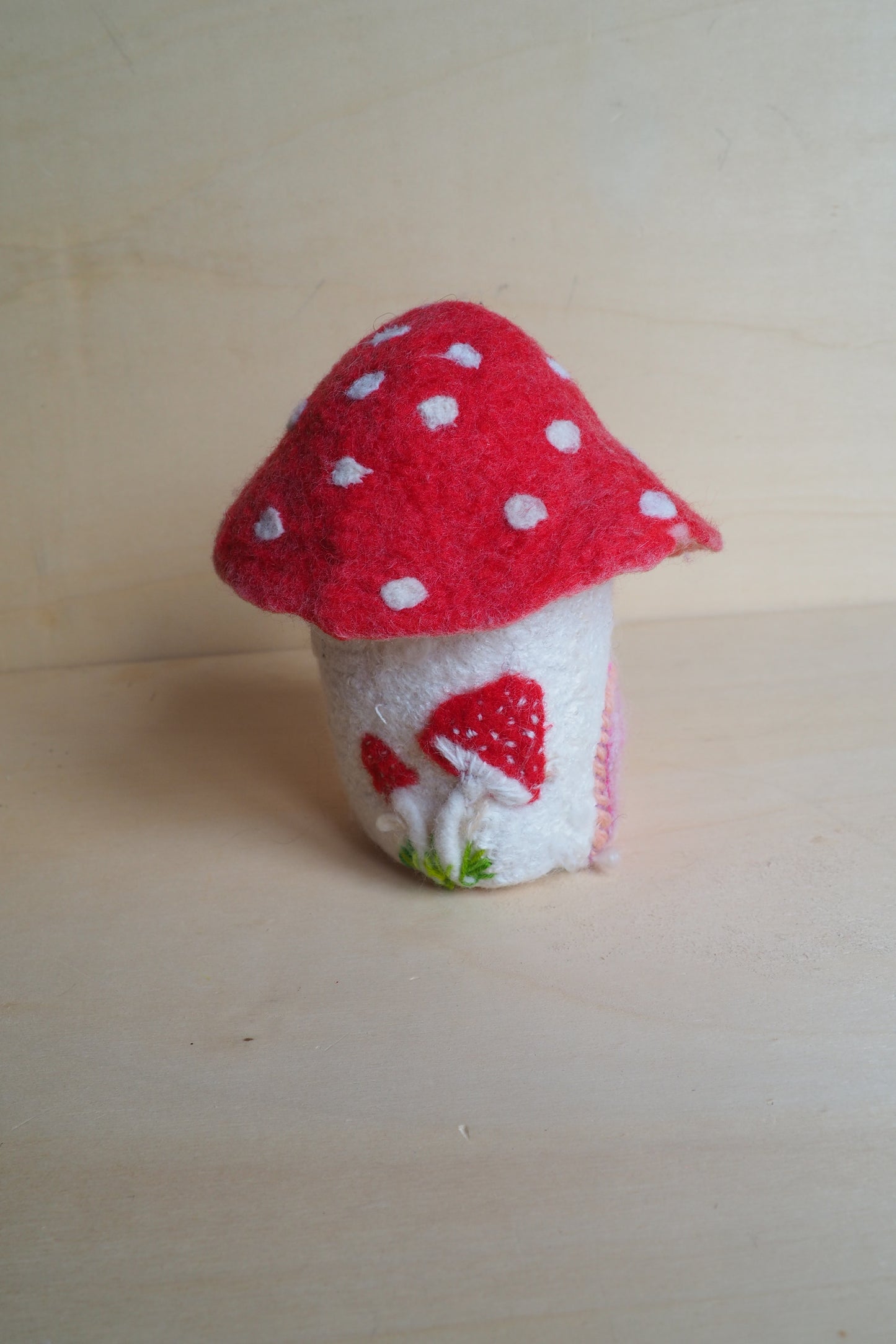 Felted fabulous fairy Gnome House amanita, waldorf Inspired spring Home Decor lamp shade - red felt doll decorating a child's room