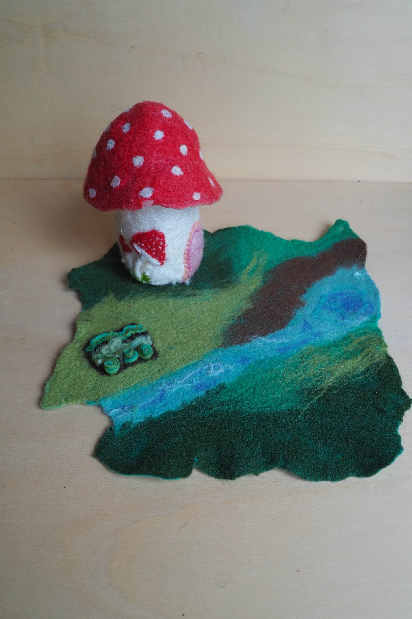 Felted fabulous fairy Gnome House amanita, waldorf Inspired spring Home Decor lamp shade - red felt doll decorating a child's room