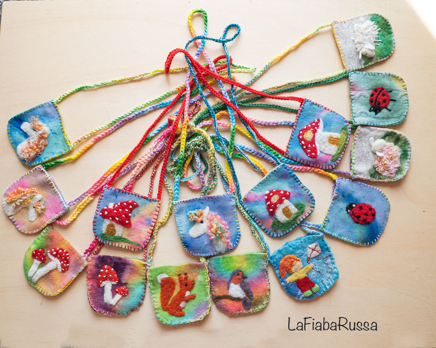 Felted Wool pocket pouch necklace hand felted little bag waldorf gift Unicorn