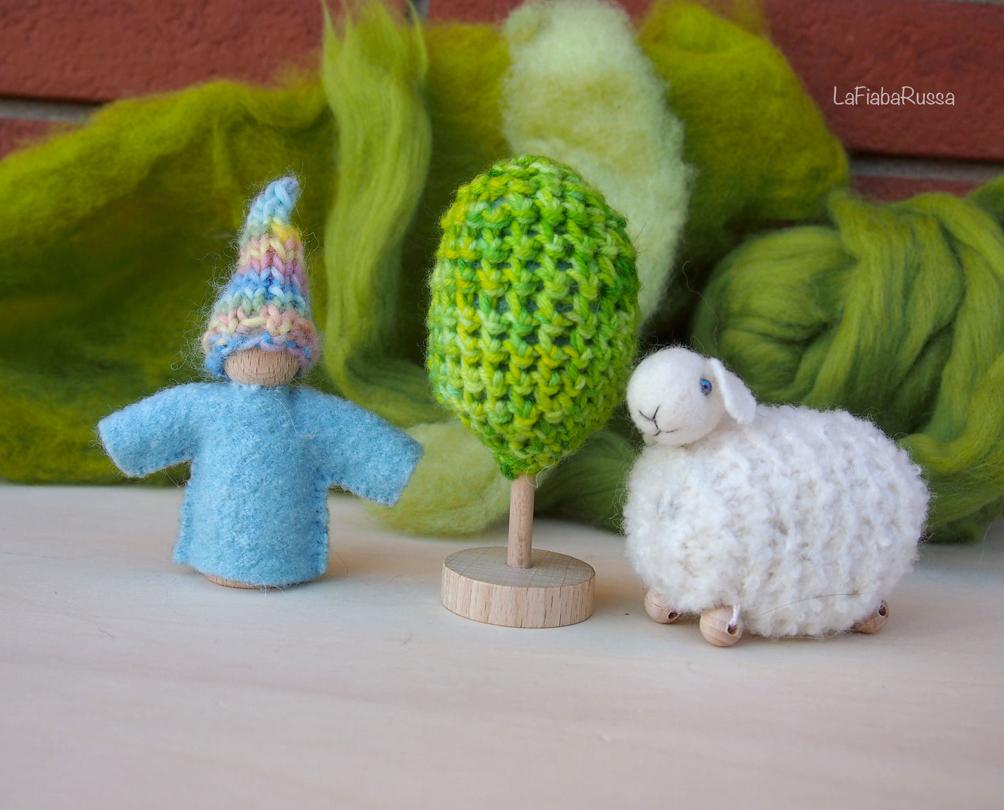 Waldorf Inspired play set Pocket Gnome, sheep and green tree . steiner toys for playscape playmat