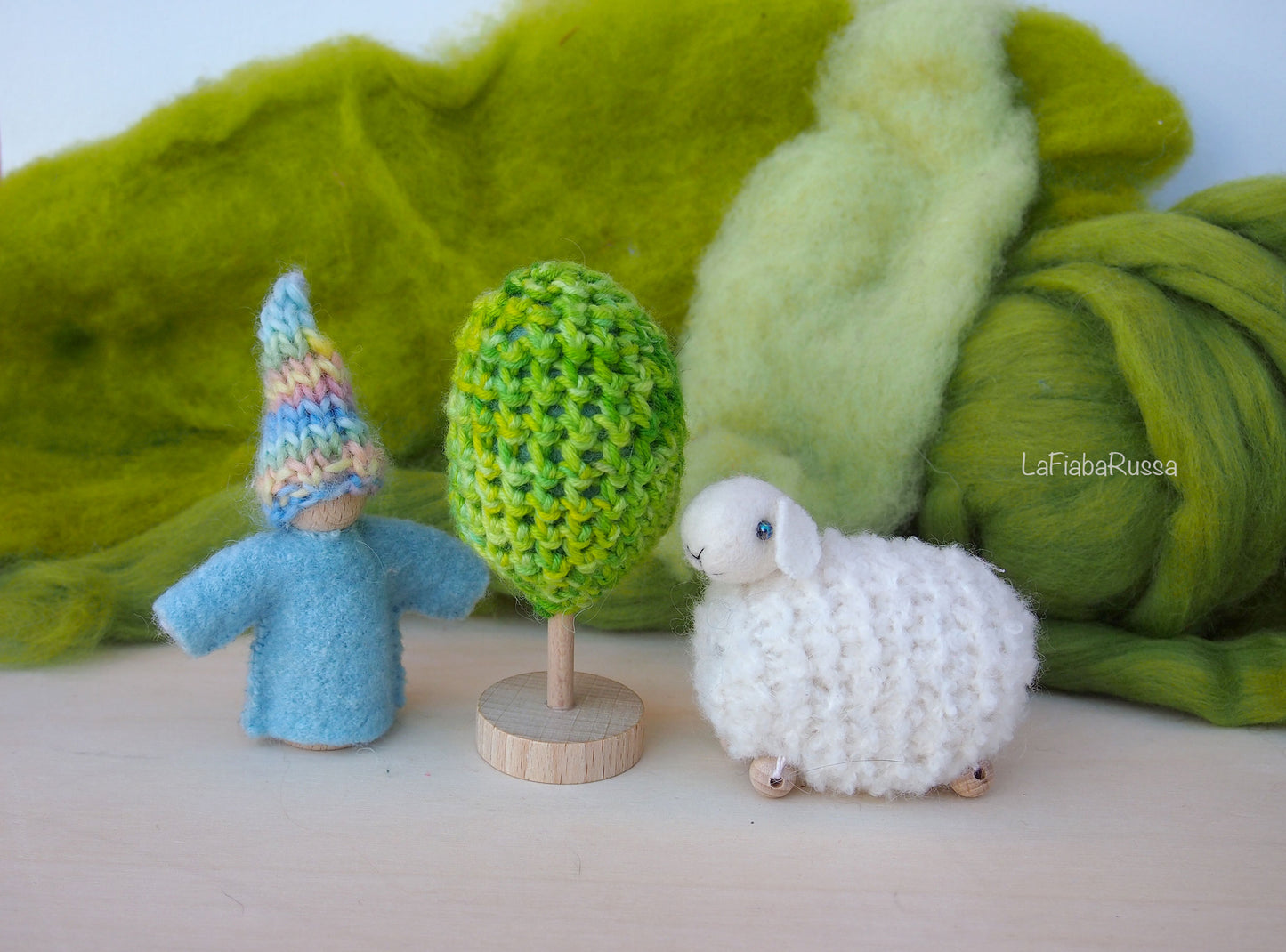 Waldorf Inspired play set Pocket Gnome, sheep and green tree . steiner toys for playscape playmat