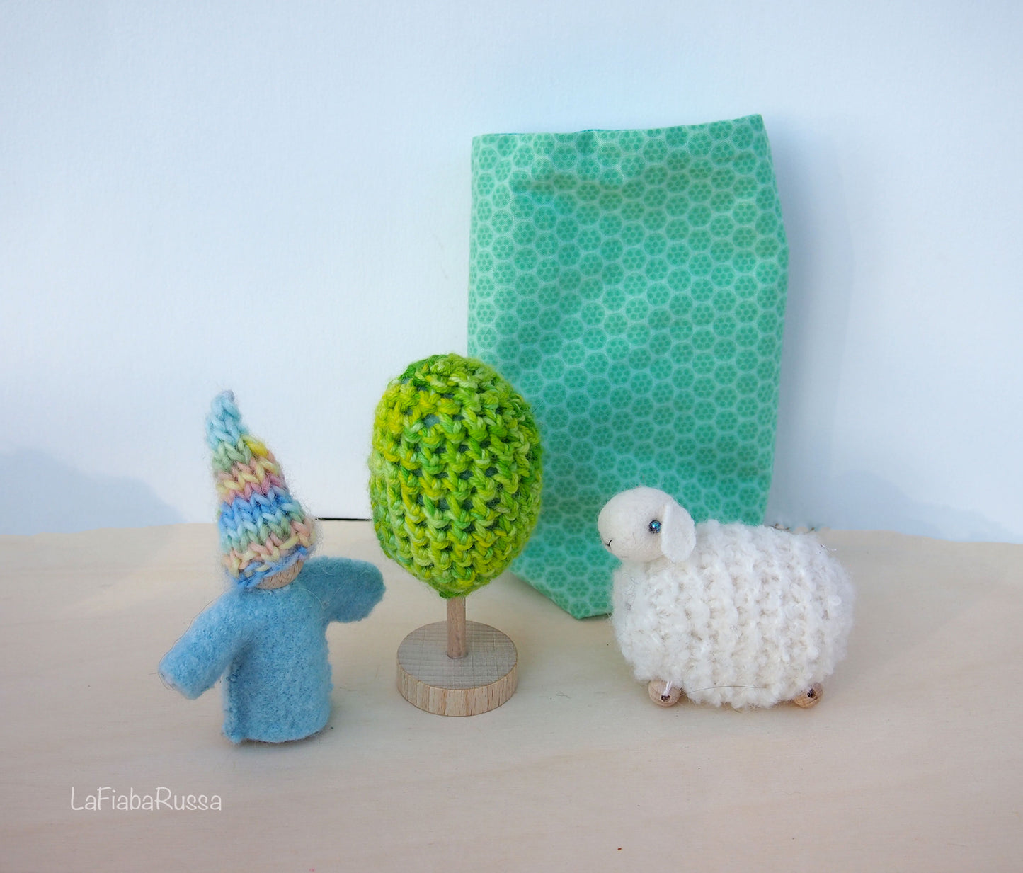 Waldorf Inspired play set Pocket Gnome, sheep and green tree . steiner toys for playscape playmat