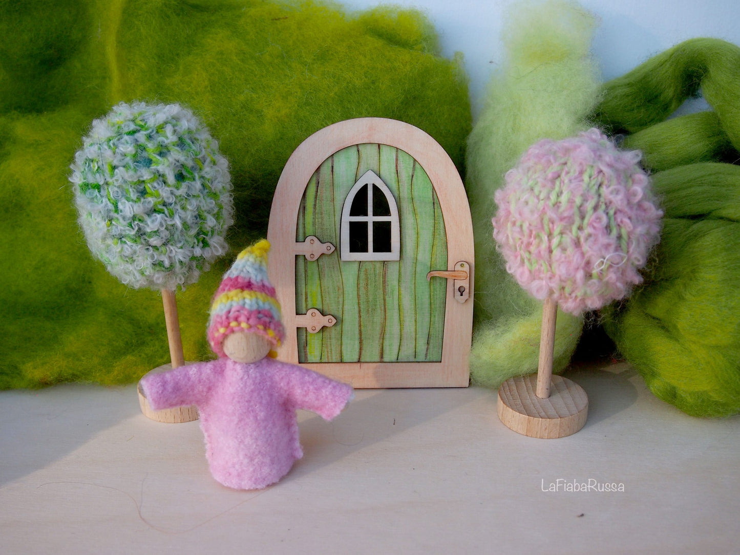 Waldorf Inspired play set Pocket Gnome, magic door and two trees. steiner toys for playscape playmat