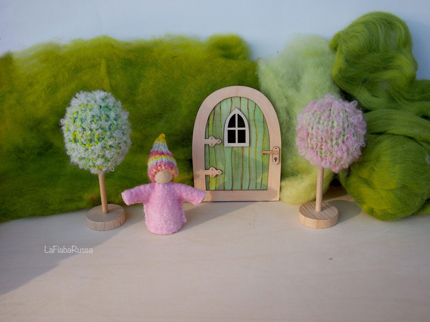 Waldorf Inspired play set Pocket Gnome, magic door and two trees. steiner toys for playscape playmat