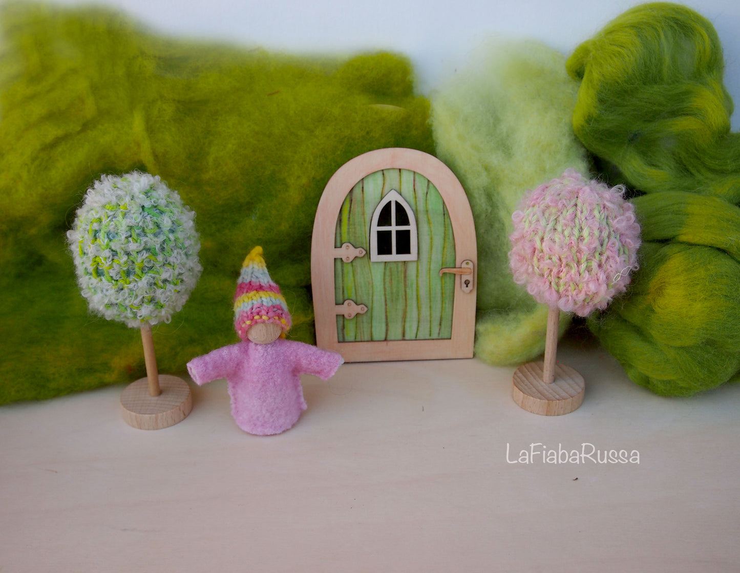 Waldorf Inspired play set Pocket Gnome, magic door and two trees. steiner toys for playscape playmat