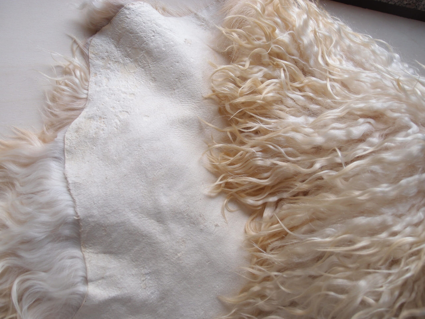 Angora mohair Pelle di agnello bambola 13-17 cm Capelli crema ciocche bianche.