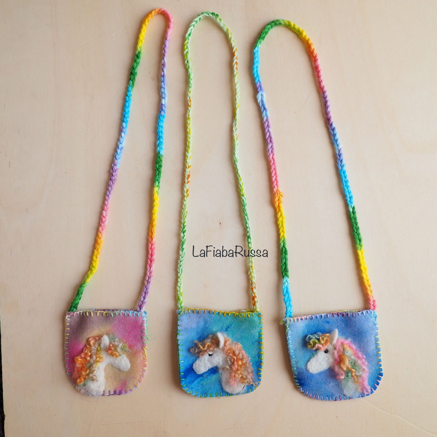 Unicorn Felted Wool pocket pouch necklace hand felted little bag waldorf gift