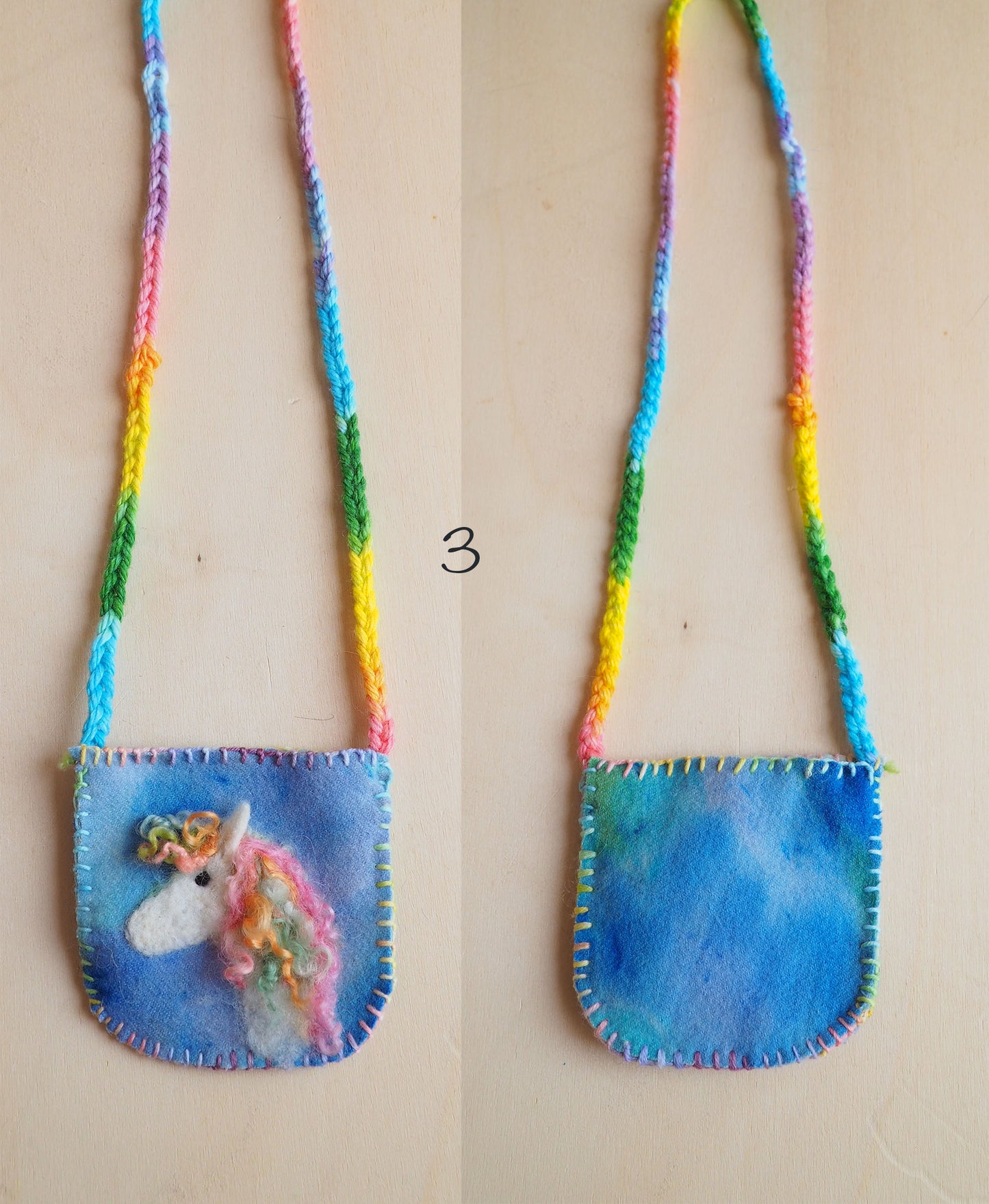 Unicorn Felted Wool pocket pouch necklace hand felted little bag waldorf gift