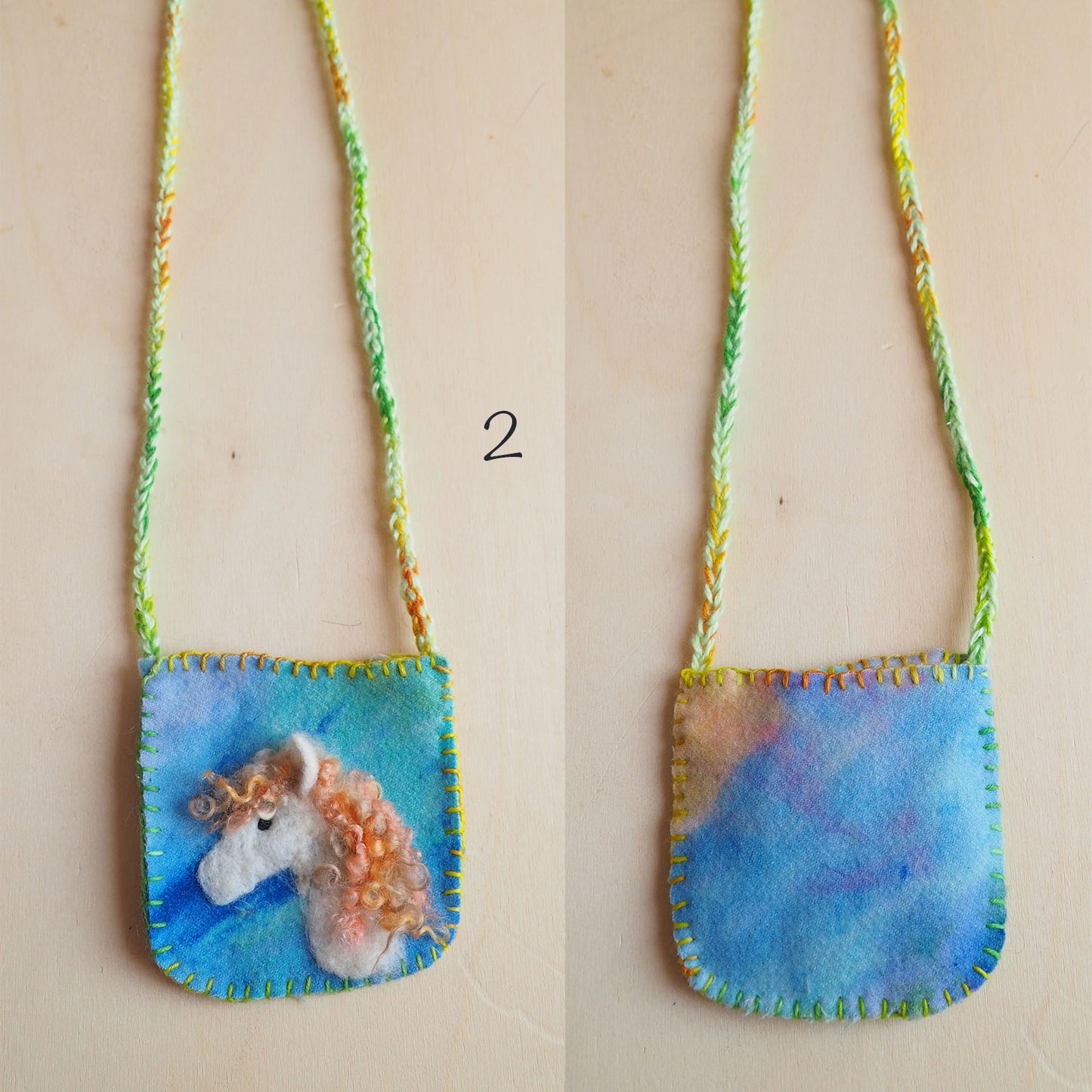 Unicorn Felted Wool pocket pouch necklace hand felted little bag waldorf gift