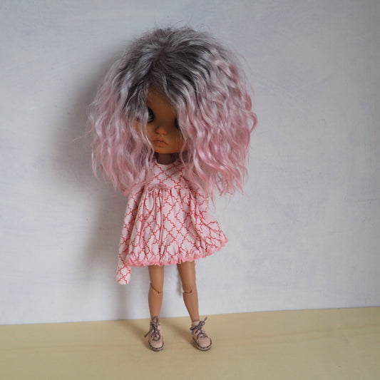 Qbaby Blythe pullip pink gray doll Angora Mohair Natural curly bjd wig