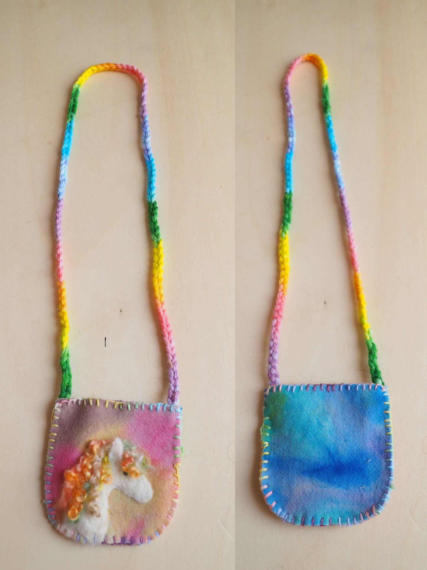 Unicorn Felted Wool pocket pouch necklace hand felted little bag waldorf gift