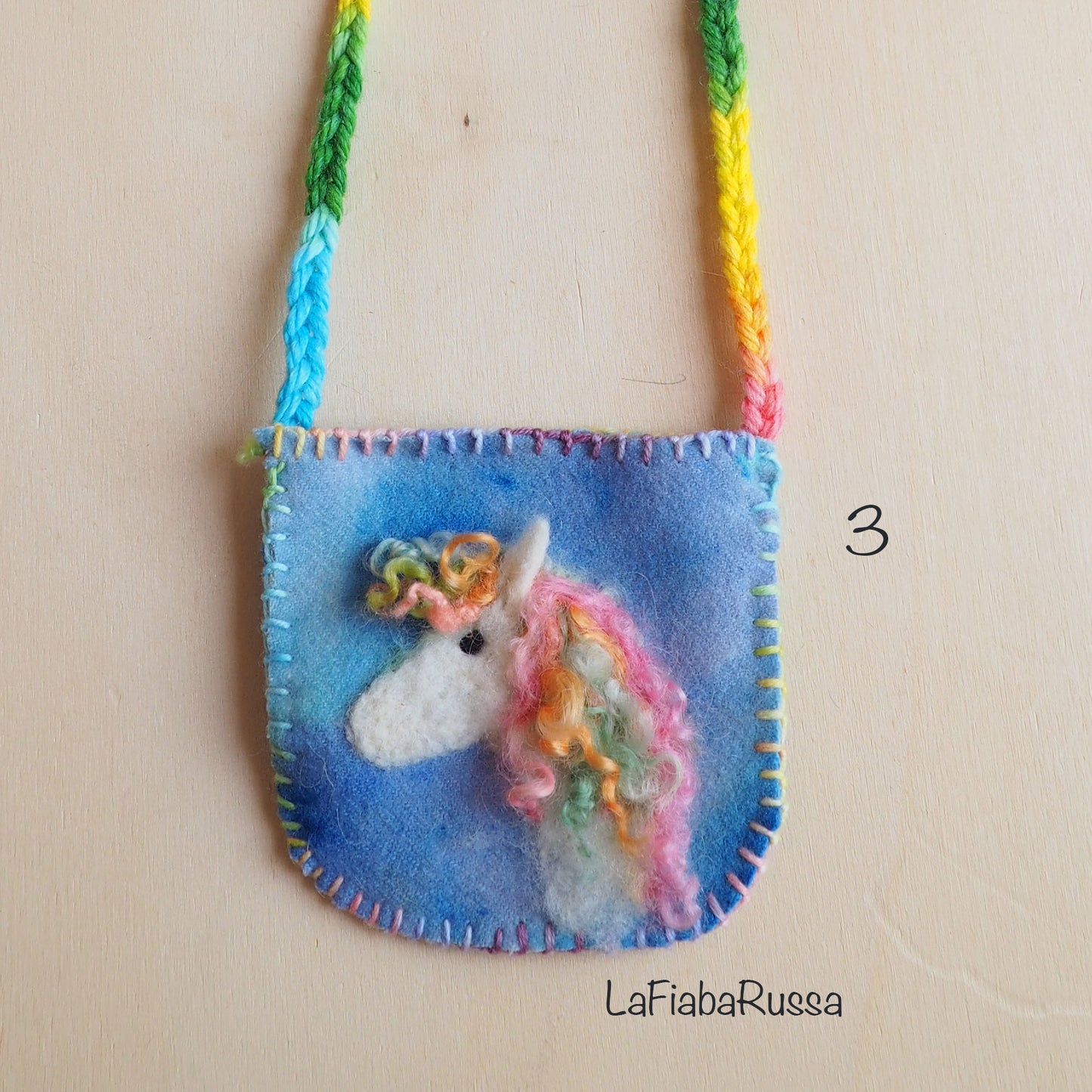 Unicorn Felted Wool pocket pouch necklace hand felted little bag waldorf gift