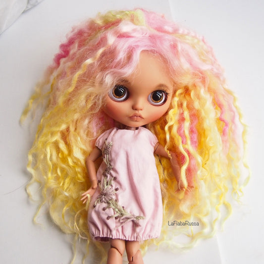 Parrucca completa per capelli bambola Blythe, cuoio capelluto di lana di pecora, ciocche di capelli ombre.