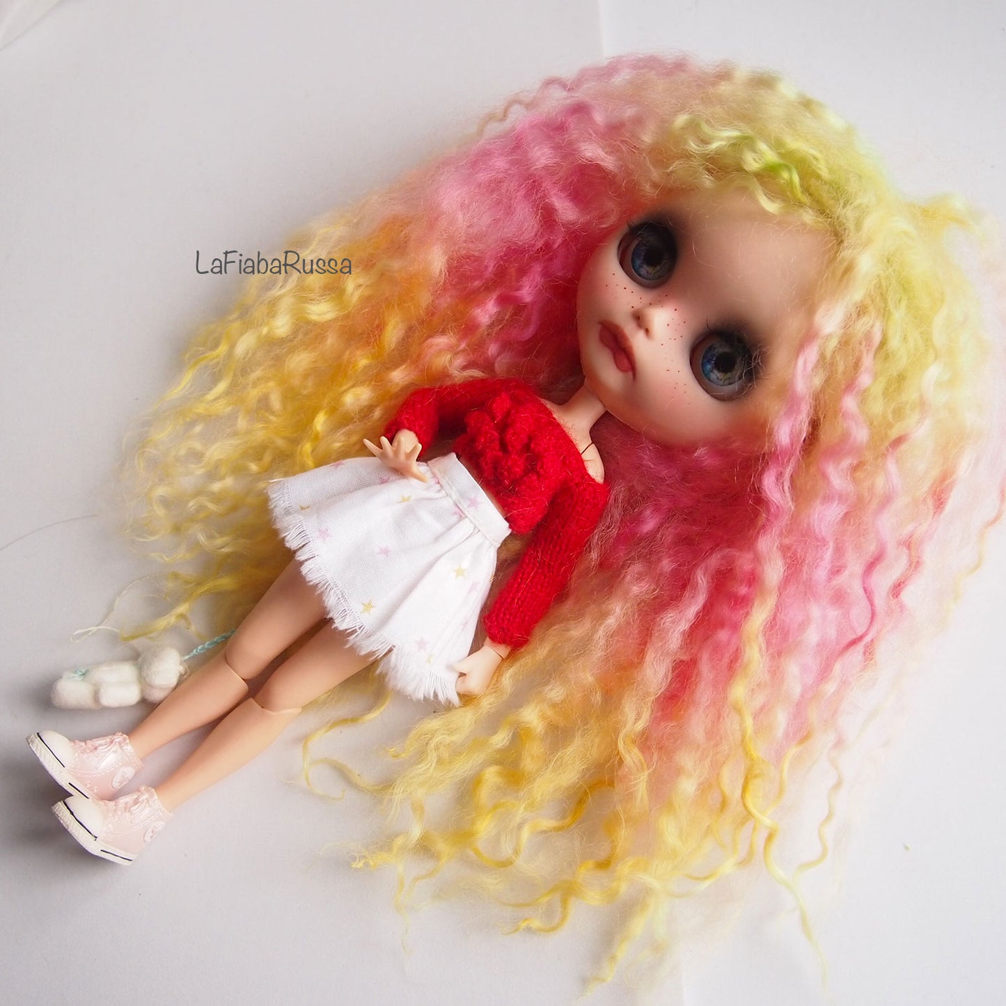 Blythe doll hair complete wig scalp from sheep wool locks ombre hair 3 color.