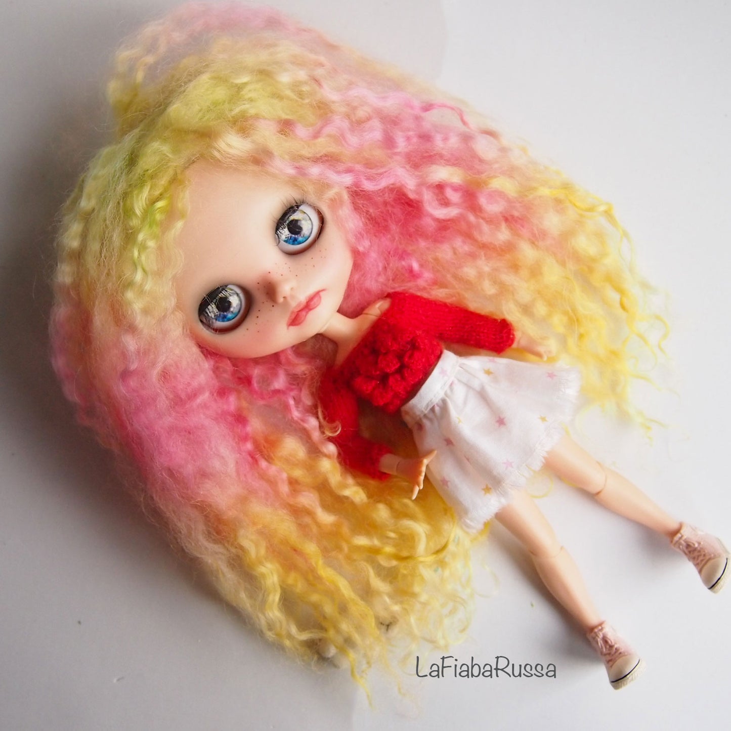 Blythe doll hair complete wig scalp from sheep wool locks ombre hair 3 color.