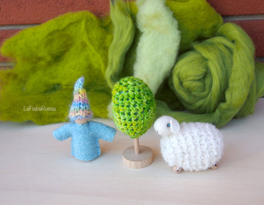 Waldorf Inspired play set Pocket Gnome, sheep and green tree . steiner toys for playscape playmat