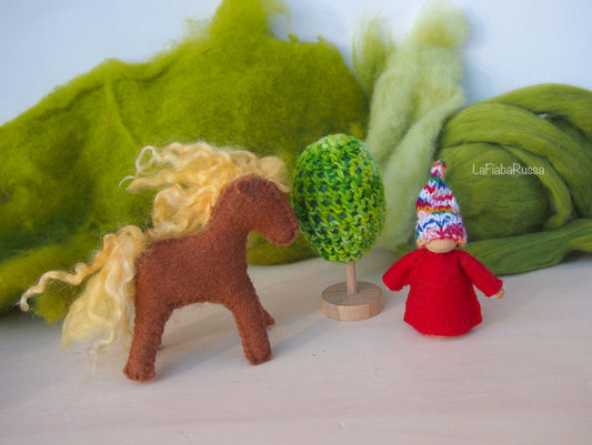 Waldorf Inspired play set Pocket Gnome, horse, and green tree.  steiner toys for playscape playmat