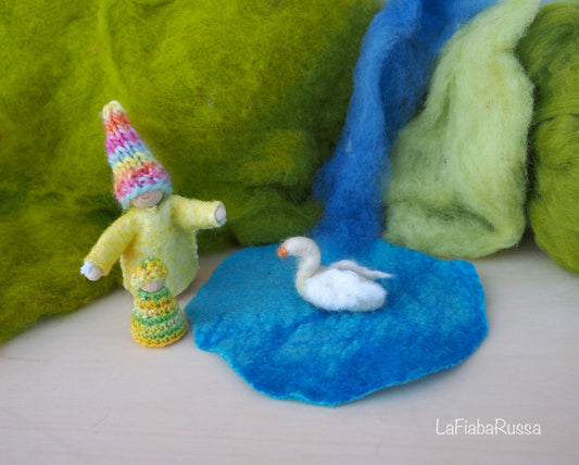 Waldorf Inspired play set Pocket Gnome, duck, and blue lake.  steiner toys for playscape playmat