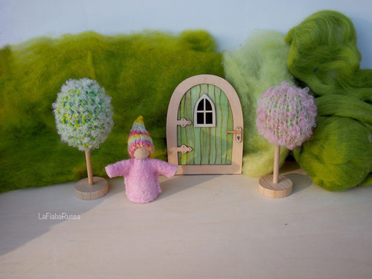 Waldorf Inspired play set Pocket Gnome, magic door and two trees.  steiner toys for playscape playmat